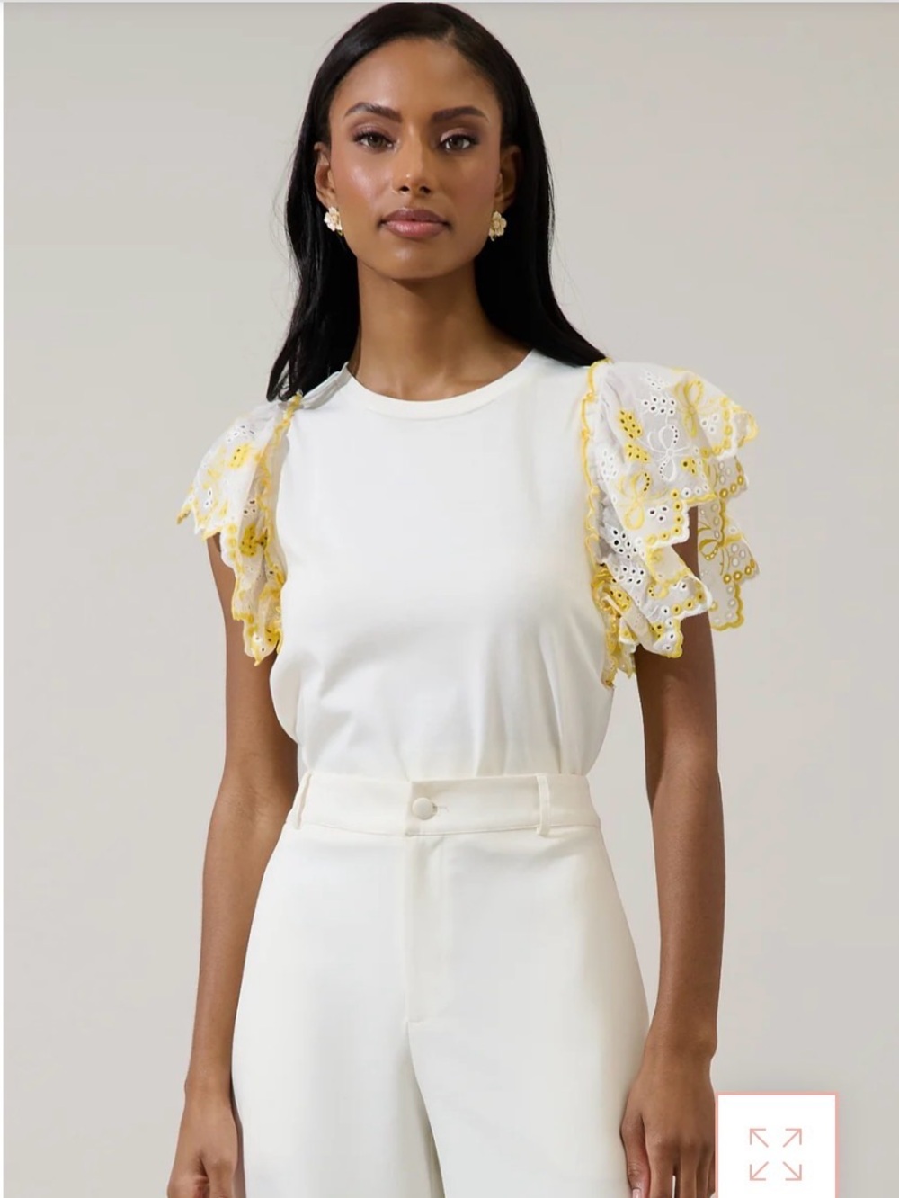 Sugar Lips Yellow White Keny Eyelet Ruffle Knit Top With Cap Sleeves Size Med